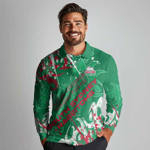 Personalized South Sydney Rabbitohs Rugby Long Sleeve Polo Shirt Urban Street Graffiti Style - Distressed Splatter Elements