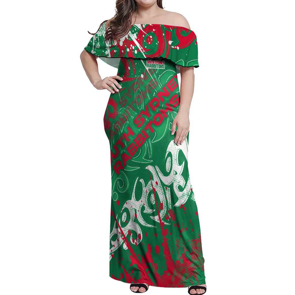Personalized South Sydney Rabbitohs Rugby Off Shoulder Maxi Dress Urban Street Graffiti Style - Distressed Splatter Elements