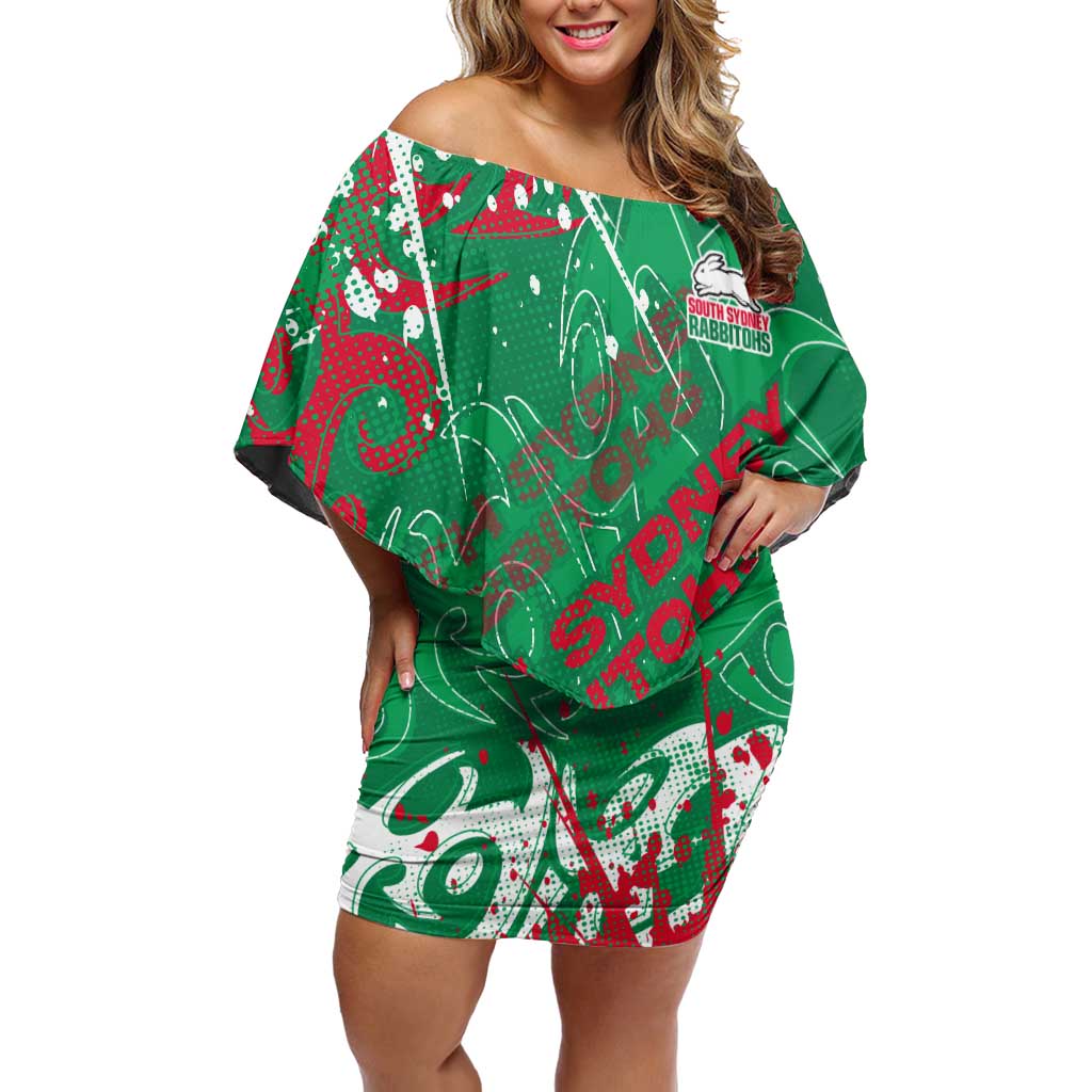 Personalized South Sydney Rabbitohs Rugby Off Shoulder Short Dress Urban Street Graffiti Style - Distressed Splatter Elements