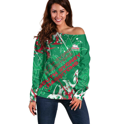 Personalized South Sydney Rabbitohs Rugby Off Shoulder Sweater Urban Street Graffiti Style - Distressed Splatter Elements