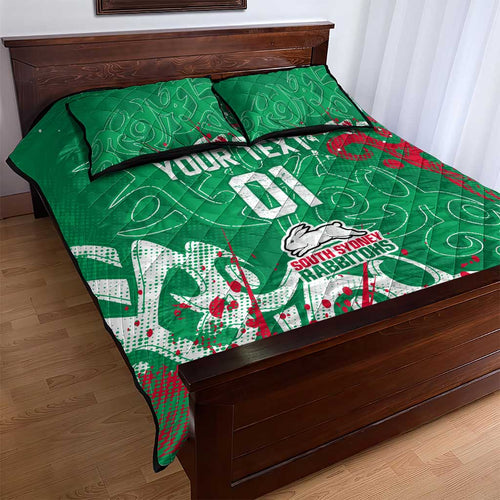 Personalized South Sydney Rabbitohs Rugby Quilt Bed Set Urban Street Graffiti Style - Distressed Splatter Elements