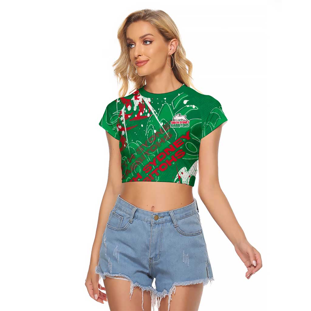 Personalized South Sydney Rabbitohs Rugby Raglan Cropped T Shirt Urban Street Graffiti Style - Distressed Splatter Elements