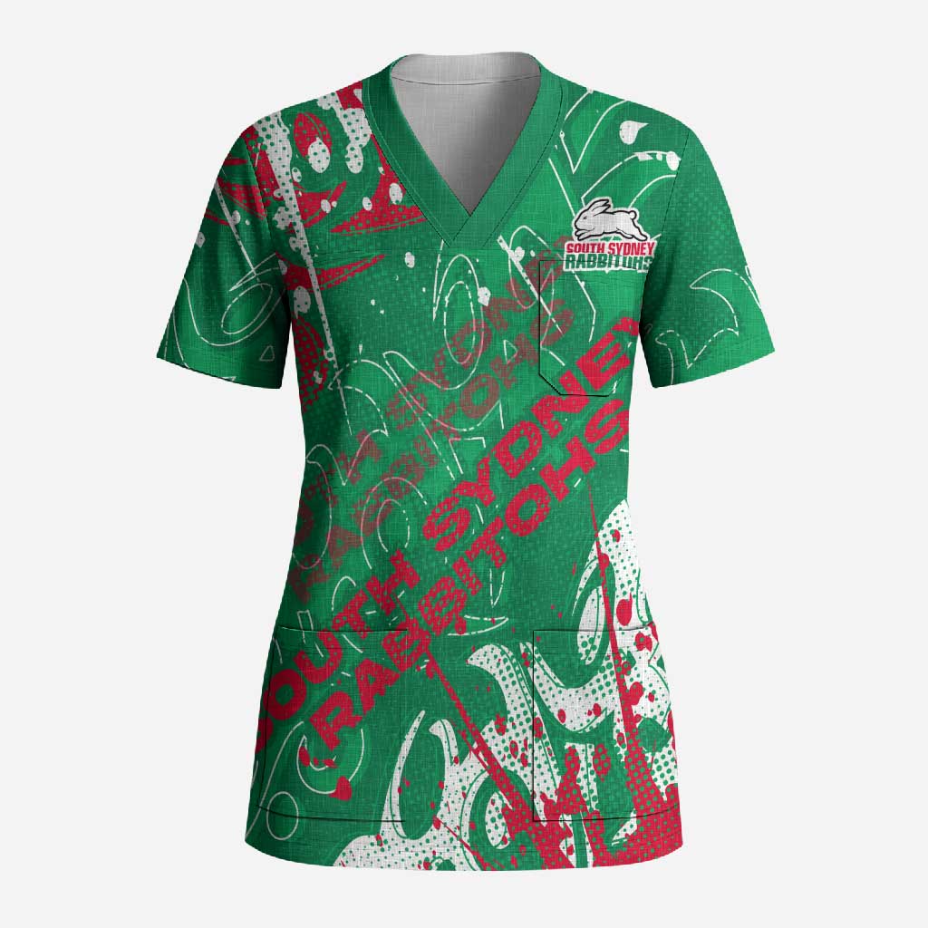 Personalized South Sydney Rabbitohs Rugby Scrub Top Urban Street Graffiti Style - Distressed Splatter Elements