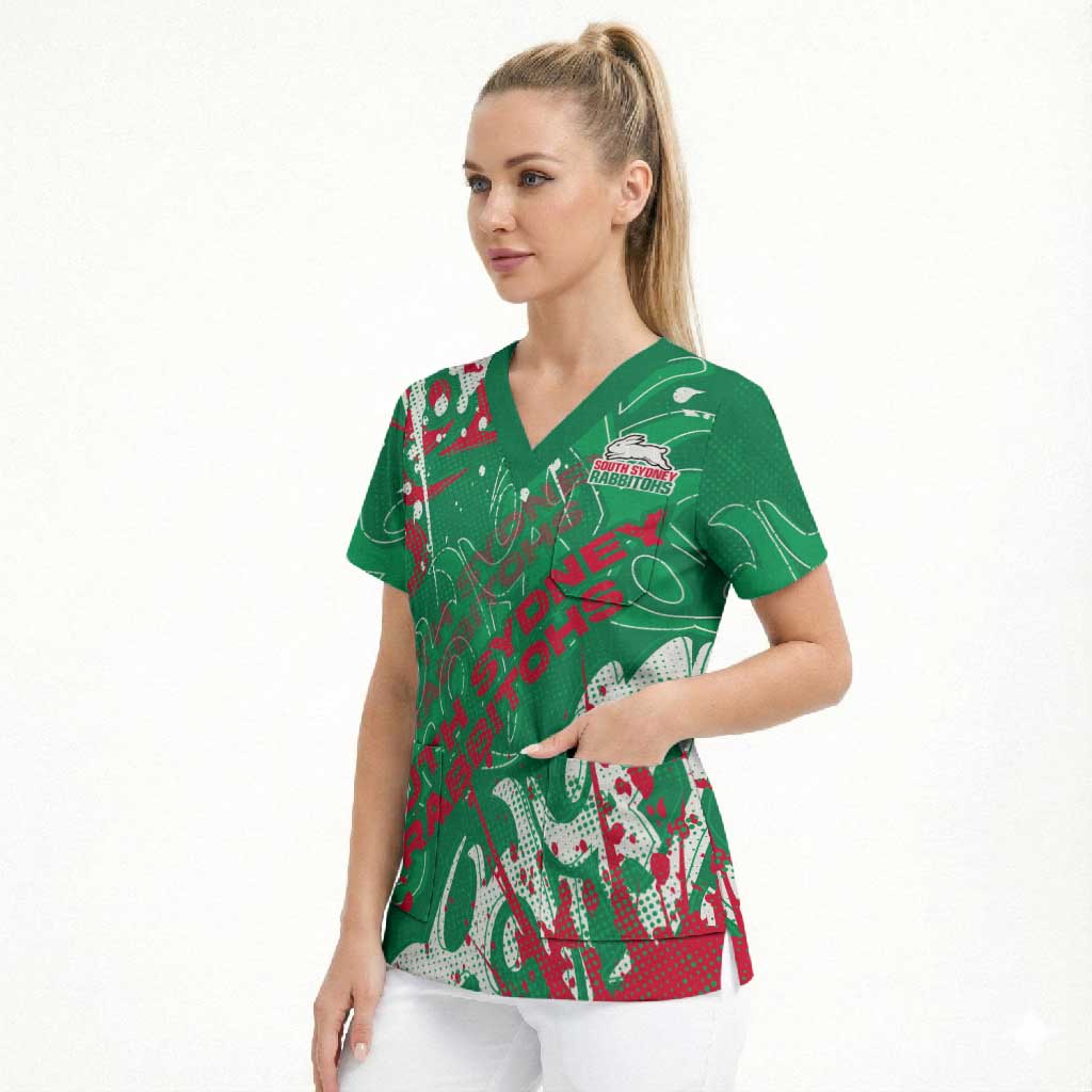 Personalized South Sydney Rabbitohs Rugby Scrub Top Urban Street Graffiti Style - Distressed Splatter Elements