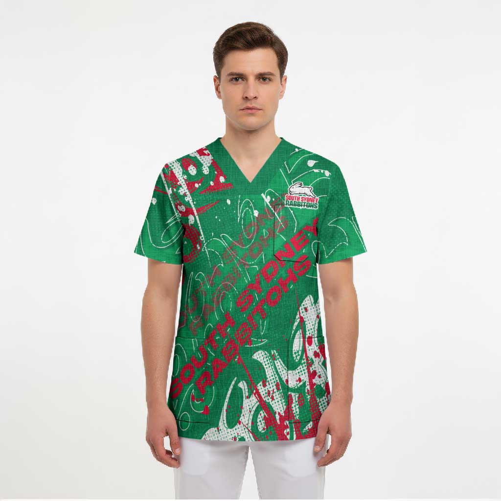 Personalized South Sydney Rabbitohs Rugby Scrub Top Urban Street Graffiti Style - Distressed Splatter Elements