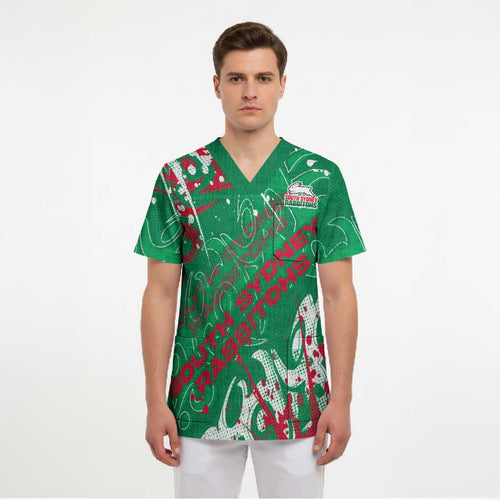 Personalized South Sydney Rabbitohs Rugby Scrub Top Urban Street Graffiti Style - Distressed Splatter Elements
