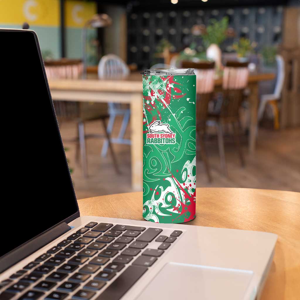 Personalized South Sydney Rabbitohs Rugby Skinny Tumbler Urban Street Graffiti Style - Distressed Splatter Elements