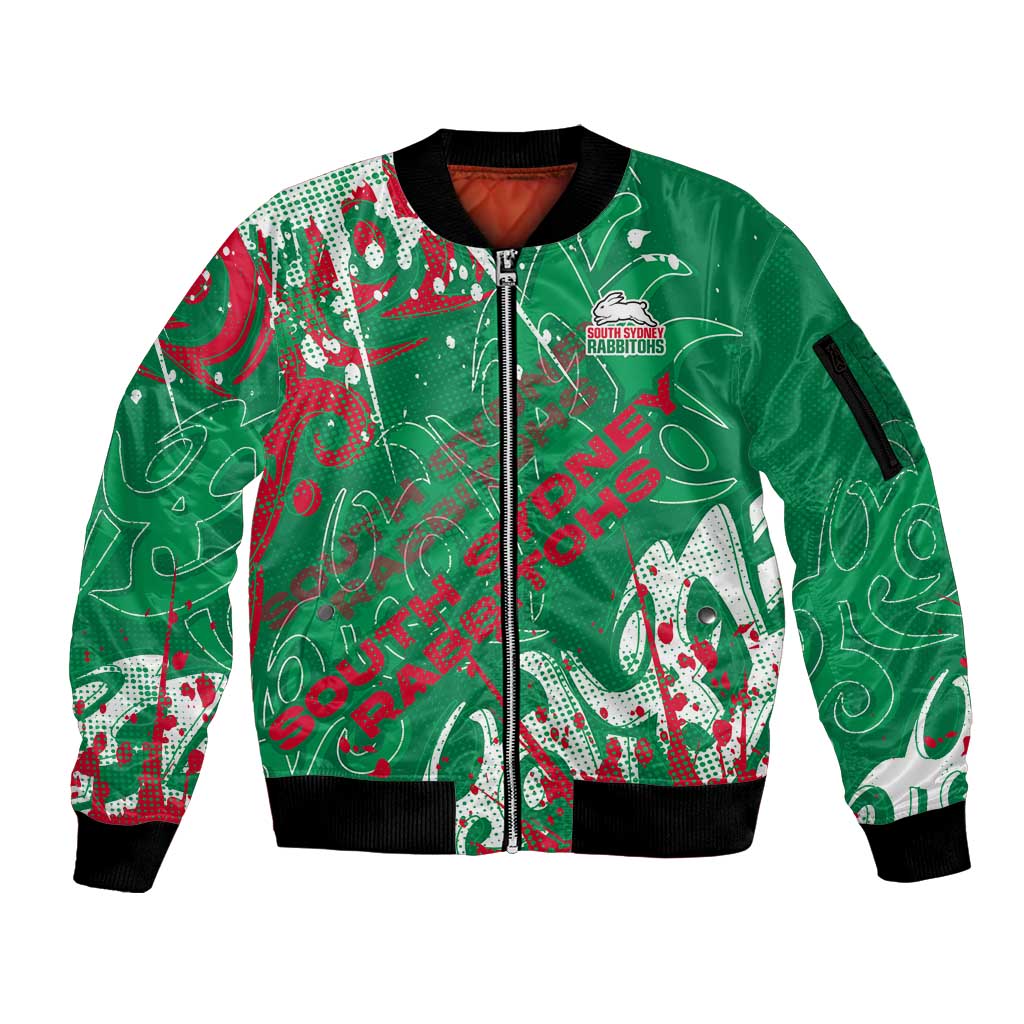 Personalized South Sydney Rabbitohs Rugby Sleeve Zip Bomber Jacket Urban Street Graffiti Style - Distressed Splatter Elements