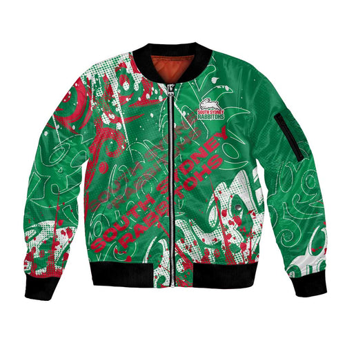 Personalized South Sydney Rabbitohs Rugby Sleeve Zip Bomber Jacket Urban Street Graffiti Style - Distressed Splatter Elements