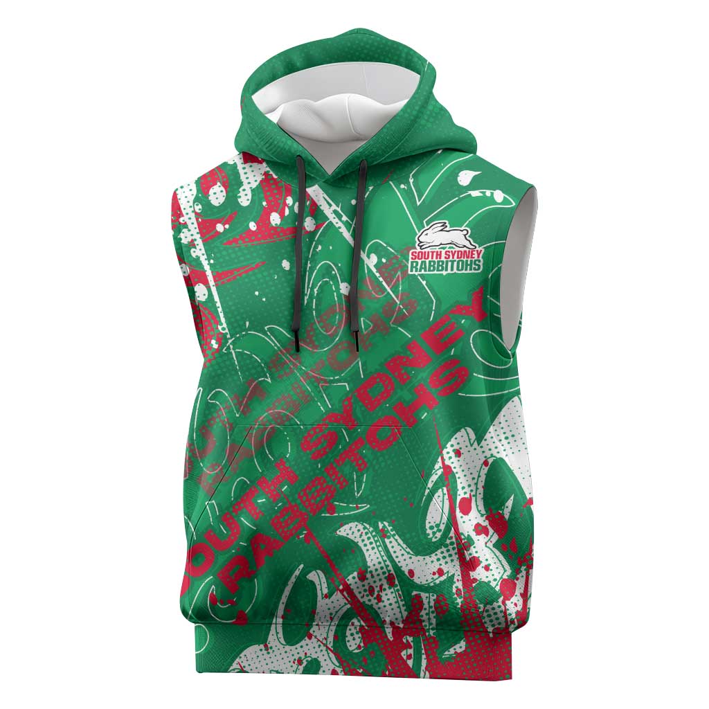 Personalized South Sydney Rabbitohs Rugby Sleeveless Hoodie Urban Street Graffiti Style - Distressed Splatter Elements
