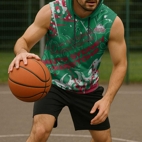 Personalized South Sydney Rabbitohs Rugby Sleeveless Hoodie Urban Street Graffiti Style - Distressed Splatter Elements