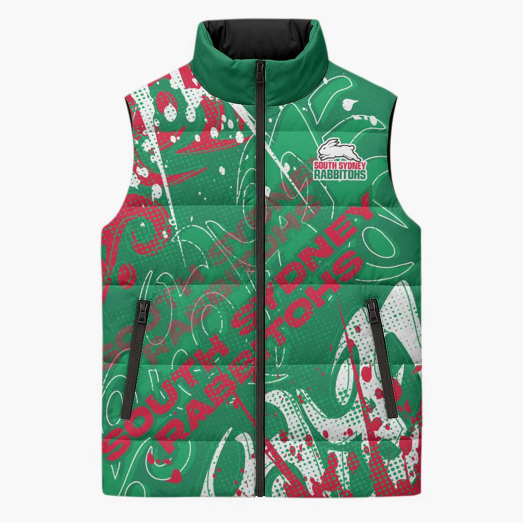 Personalized South Sydney Rabbitohs Rugby Sleeveless Puffer Jacket Urban Street Graffiti Style - Distressed Splatter Elements