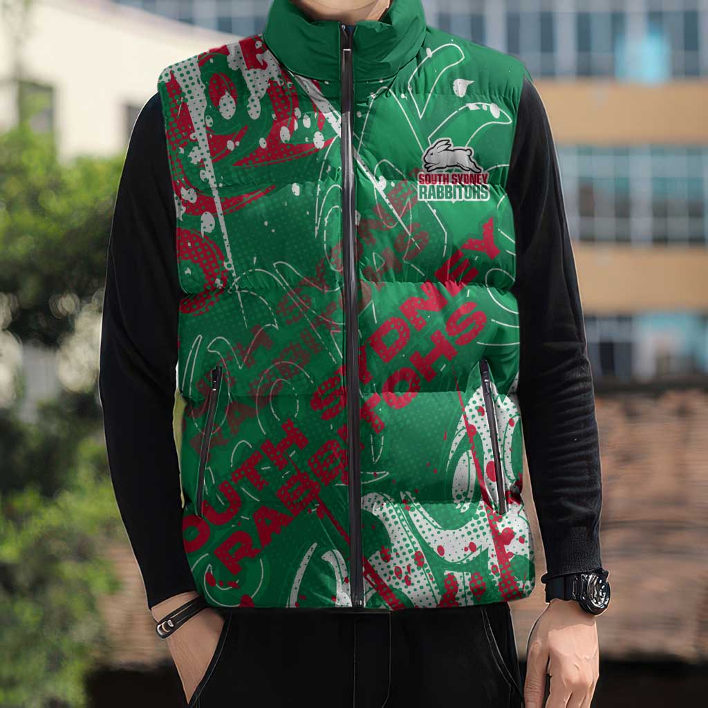 Personalized South Sydney Rabbitohs Rugby Sleeveless Puffer Jacket Urban Street Graffiti Style - Distressed Splatter Elements