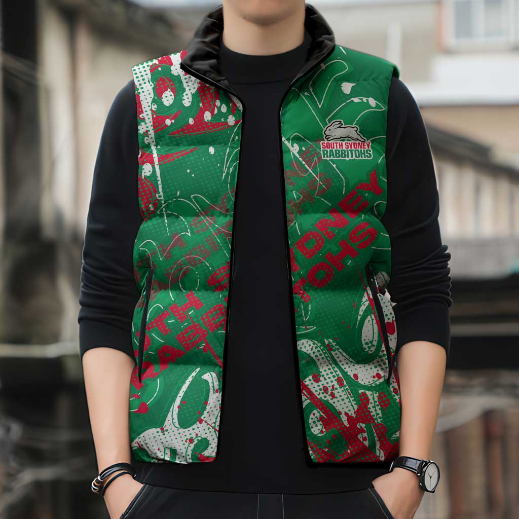 Personalized South Sydney Rabbitohs Rugby Sleeveless Puffer Jacket Urban Street Graffiti Style - Distressed Splatter Elements