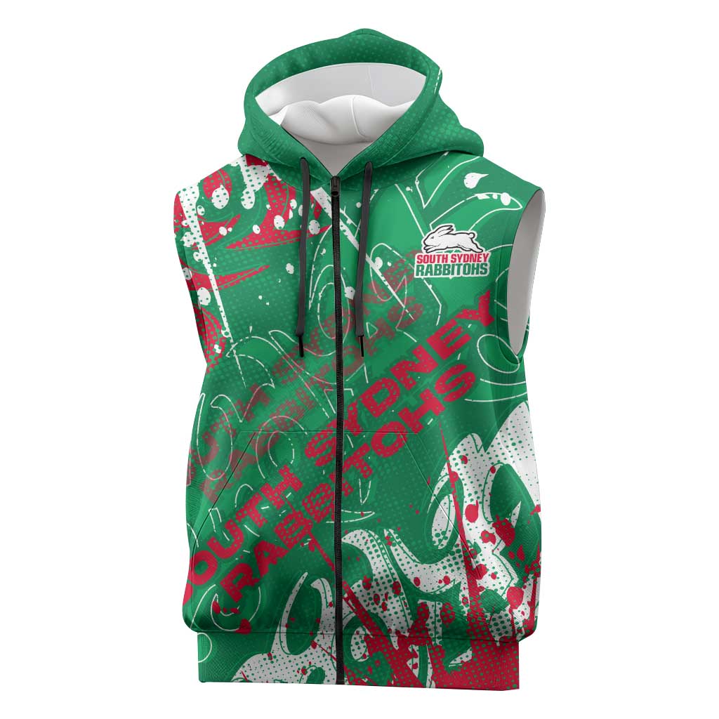 Personalized South Sydney Rabbitohs Rugby Sleeveless Zip Hoodie Urban Street Graffiti Style - Distressed Splatter Elements