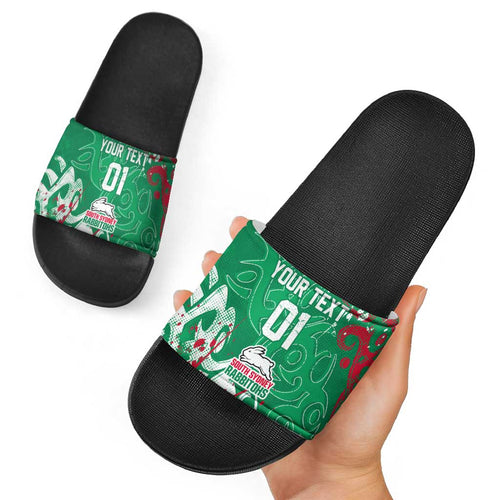 Personalized South Sydney Rabbitohs Rugby Slide Sandals Urban Street Graffiti Style - Distressed Splatter Elements