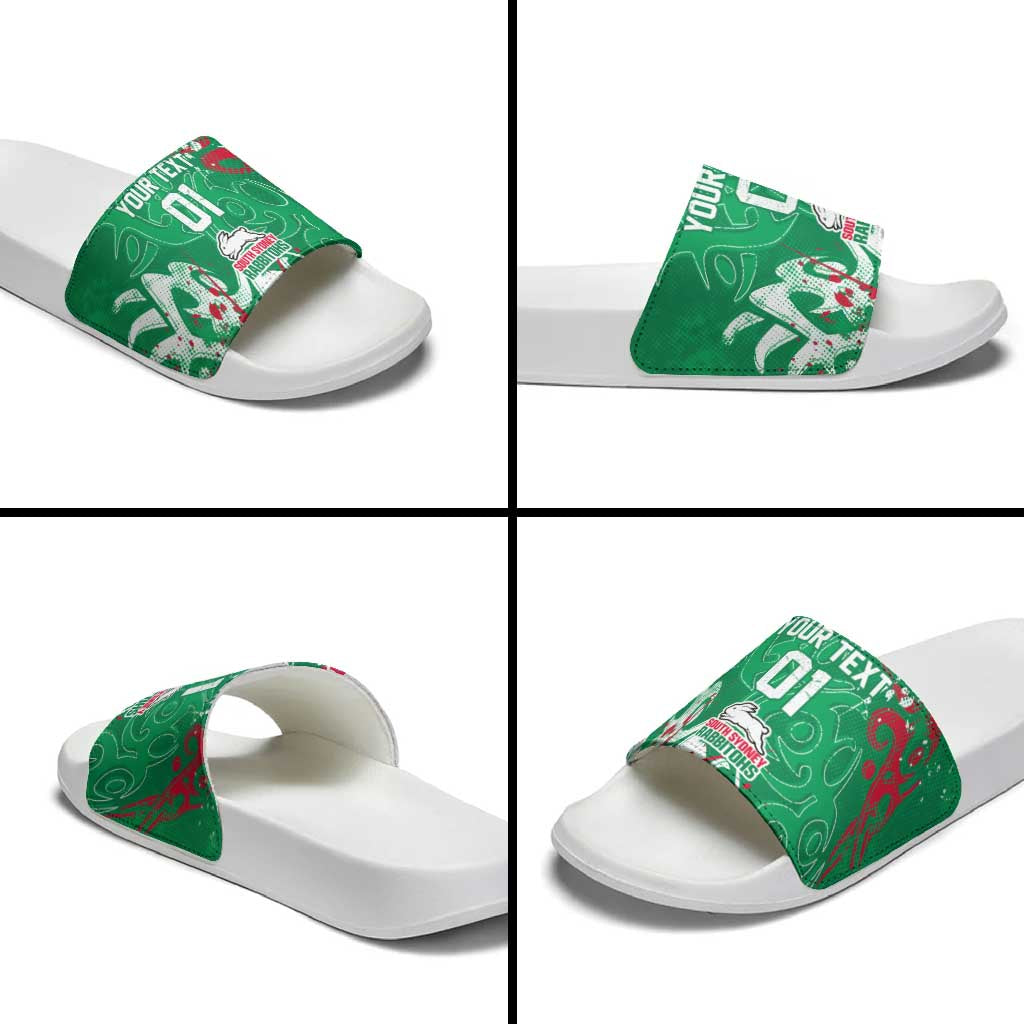 Personalized South Sydney Rabbitohs Rugby Slide Sandals Urban Street Graffiti Style - Distressed Splatter Elements