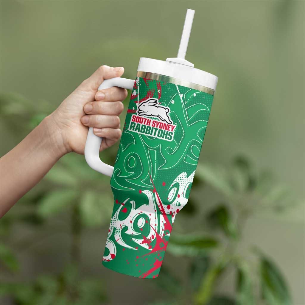 Personalized South Sydney Rabbitohs Rugby Tumbler With Handle Urban Street Graffiti Style - Distressed Splatter Elements