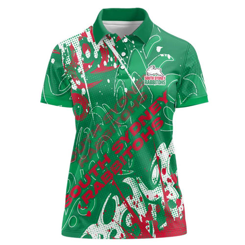 Personalized South Sydney Rabbitohs Rugby Women Polo Shirt Urban Street Graffiti Style - Distressed Splatter Elements
