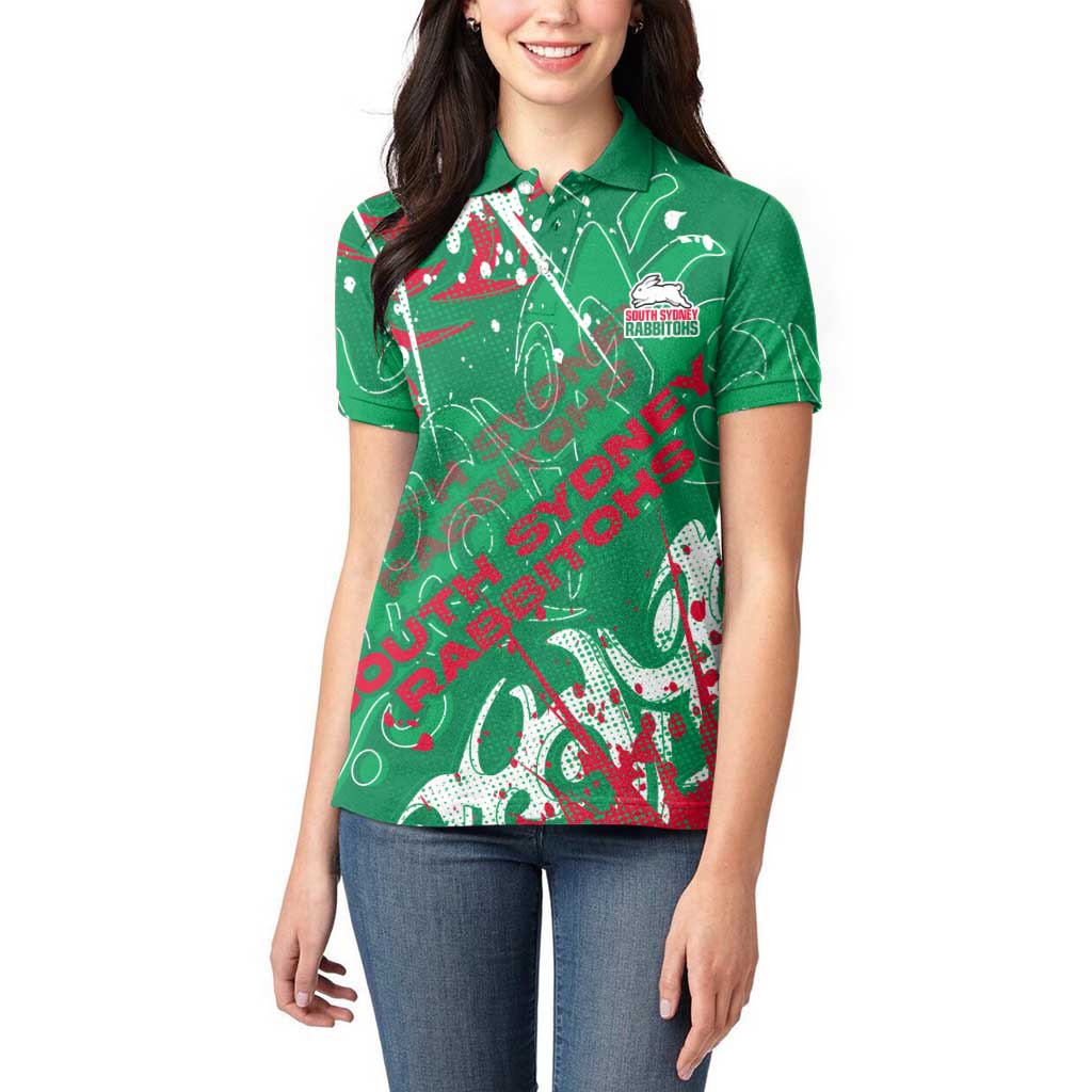 Personalized South Sydney Rabbitohs Rugby Women Polo Shirt Urban Street Graffiti Style - Distressed Splatter Elements