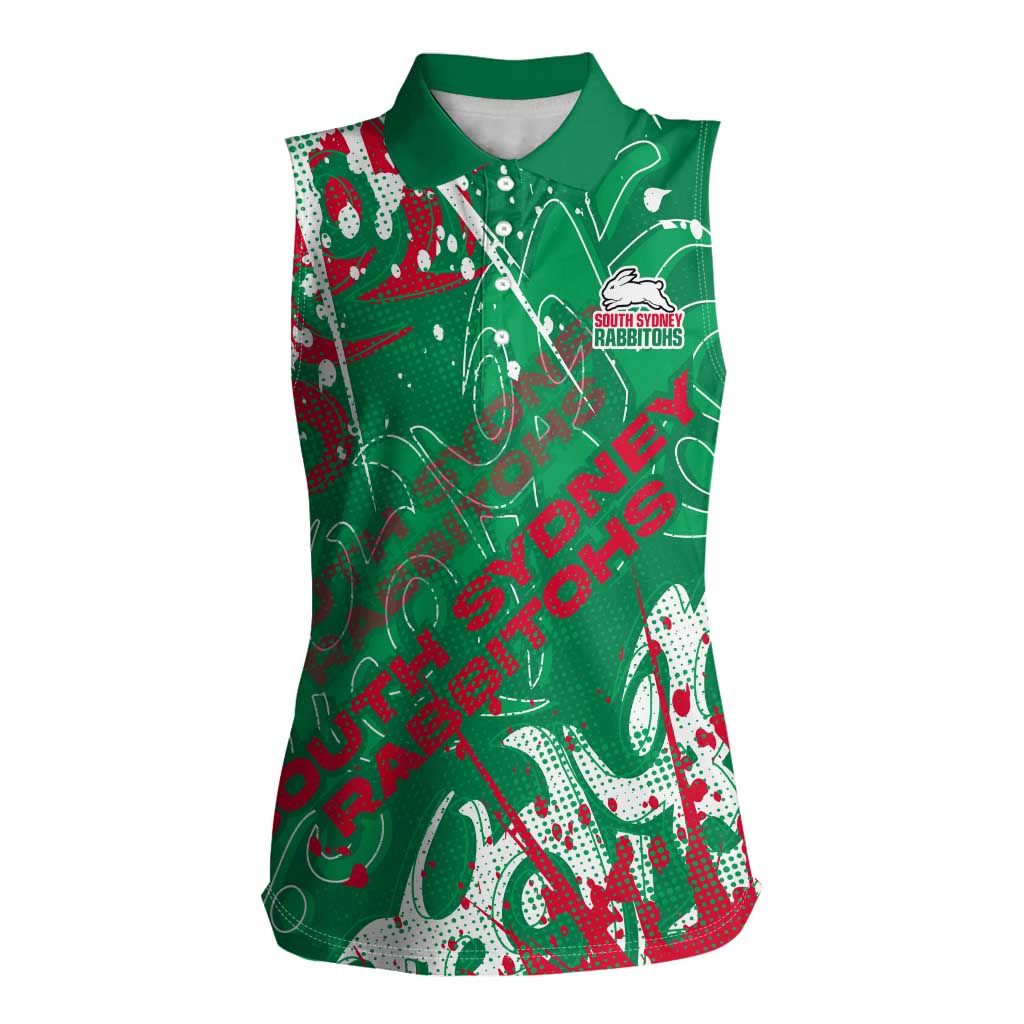 Personalized South Sydney Rabbitohs Rugby Women Sleeveless Polo Shirt Urban Street Graffiti Style - Distressed Splatter Elements