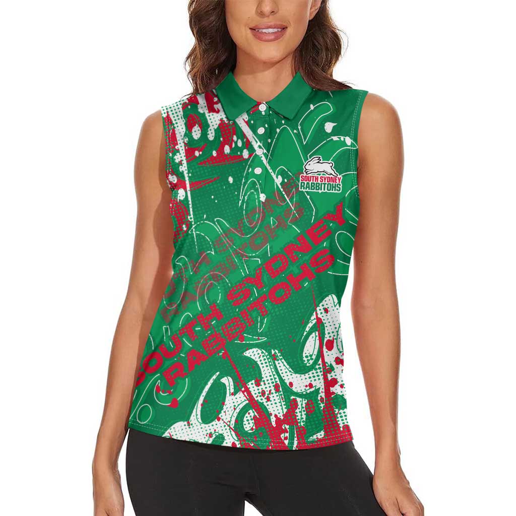 Personalized South Sydney Rabbitohs Rugby Women Sleeveless Polo Shirt Urban Street Graffiti Style - Distressed Splatter Elements