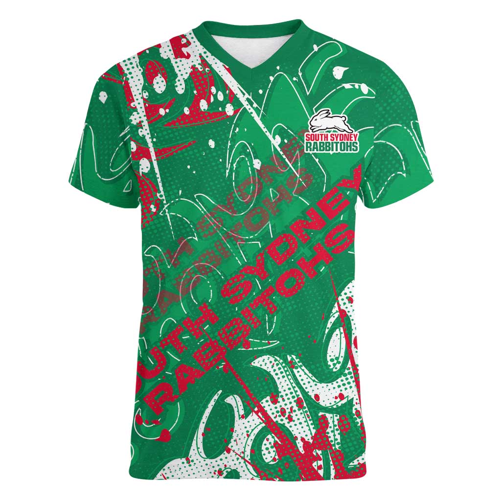 Personalized South Sydney Rabbitohs Rugby Women V-Neck T-Shirt Urban Street Graffiti Style - Distressed Splatter Elements
