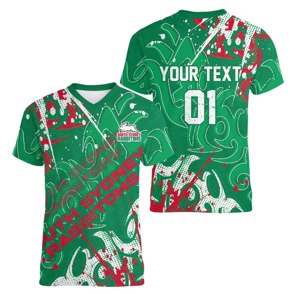 Personalized South Sydney Rabbitohs Rugby Women V-Neck T-Shirt Urban Street Graffiti Style - Distressed Splatter Elements
