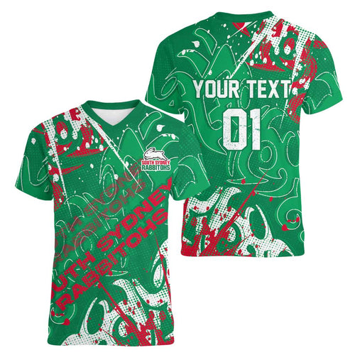 Personalized South Sydney Rabbitohs Rugby Women V-Neck T-Shirt Urban Street Graffiti Style - Distressed Splatter Elements