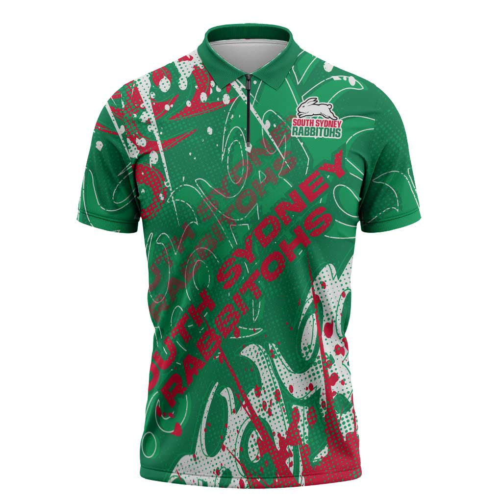 Personalized South Sydney Rabbitohs Rugby Zipper Polo Shirt Urban Street Graffiti Style - Distressed Splatter Elements