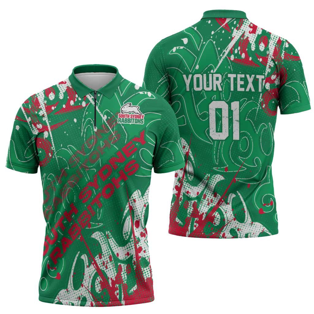 Personalized South Sydney Rabbitohs Rugby Zipper Polo Shirt Urban Street Graffiti Style - Distressed Splatter Elements