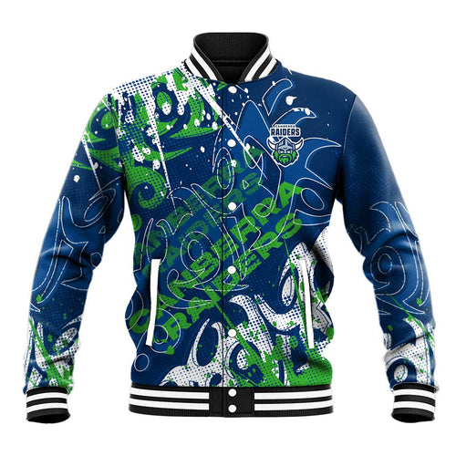 Personalized Canberra Raiders Rugby Baseball Jacket Urban Street Graffiti Style - Distressed Splatter Elements