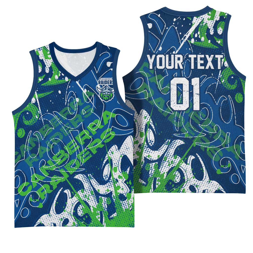 Personalized Canberra Raiders Rugby Basketball Jersey Urban Street Graffiti Style - Distressed Splatter Elements