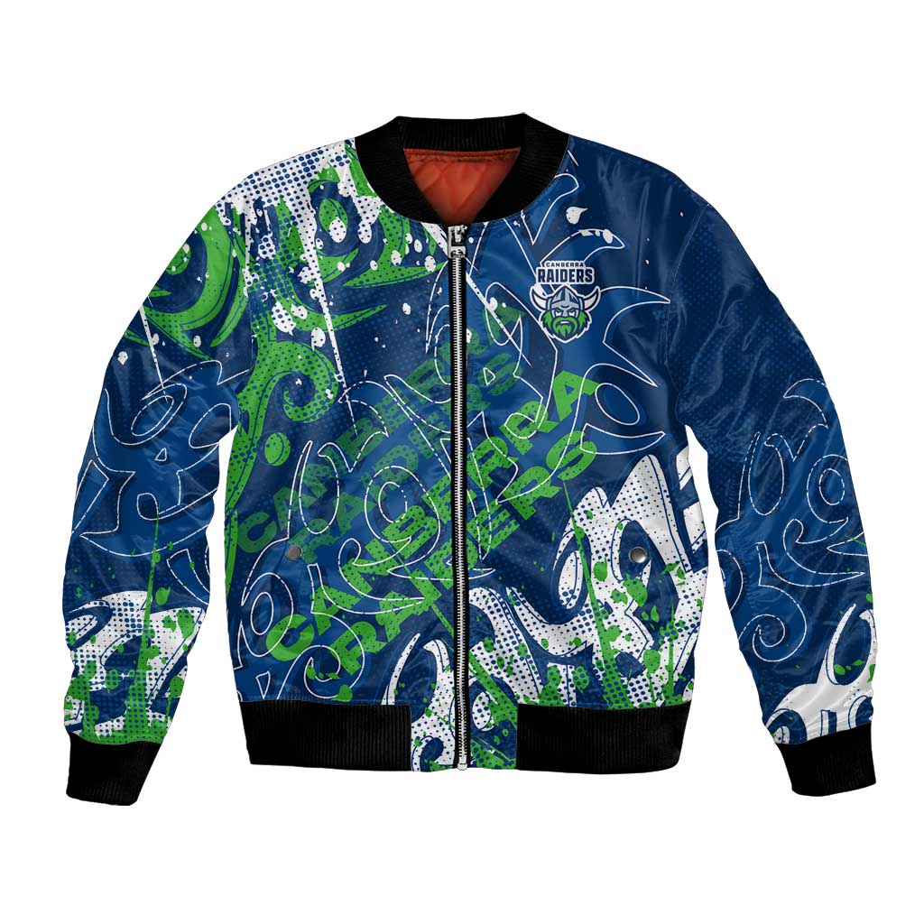 Personalized Canberra Raiders Rugby Bomber Jacket Urban Street Graffiti Style - Distressed Splatter Elements