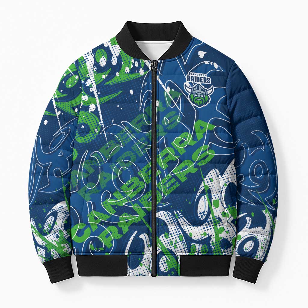 Personalized Canberra Raiders Rugby Bomber Puffer Jacket Urban Street Graffiti Style - Distressed Splatter Elements
