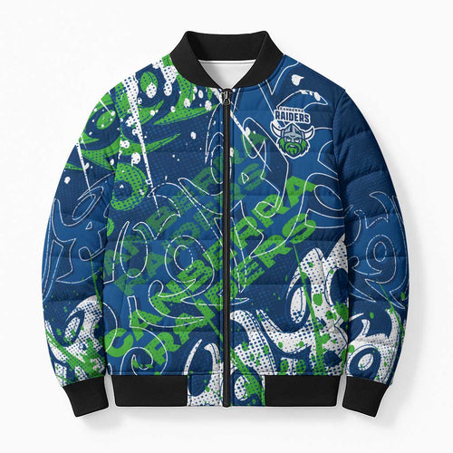 Personalized Canberra Raiders Rugby Bomber Puffer Jacket Urban Street Graffiti Style - Distressed Splatter Elements