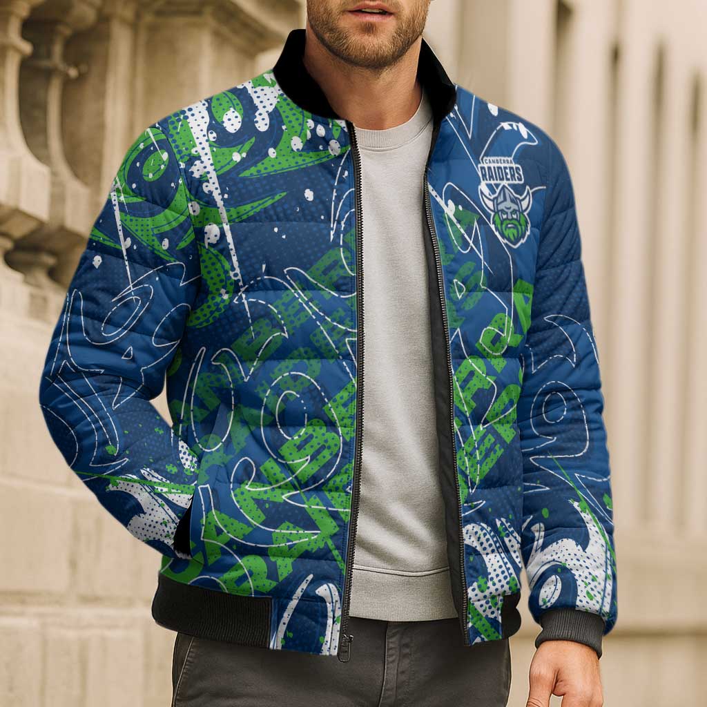 Personalized Canberra Raiders Rugby Bomber Puffer Jacket Urban Street Graffiti Style - Distressed Splatter Elements