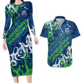 Personalized Canberra Raiders Rugby Couples Matching Long Sleeve Bodycon Dress and Hawaiian Shirt Urban Street Graffiti Style - Distressed Splatter Elements
