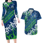 Personalized Canberra Raiders Rugby Couples Matching Long Sleeve Bodycon Dress and Hawaiian Shirt Urban Street Graffiti Style - Distressed Splatter Elements