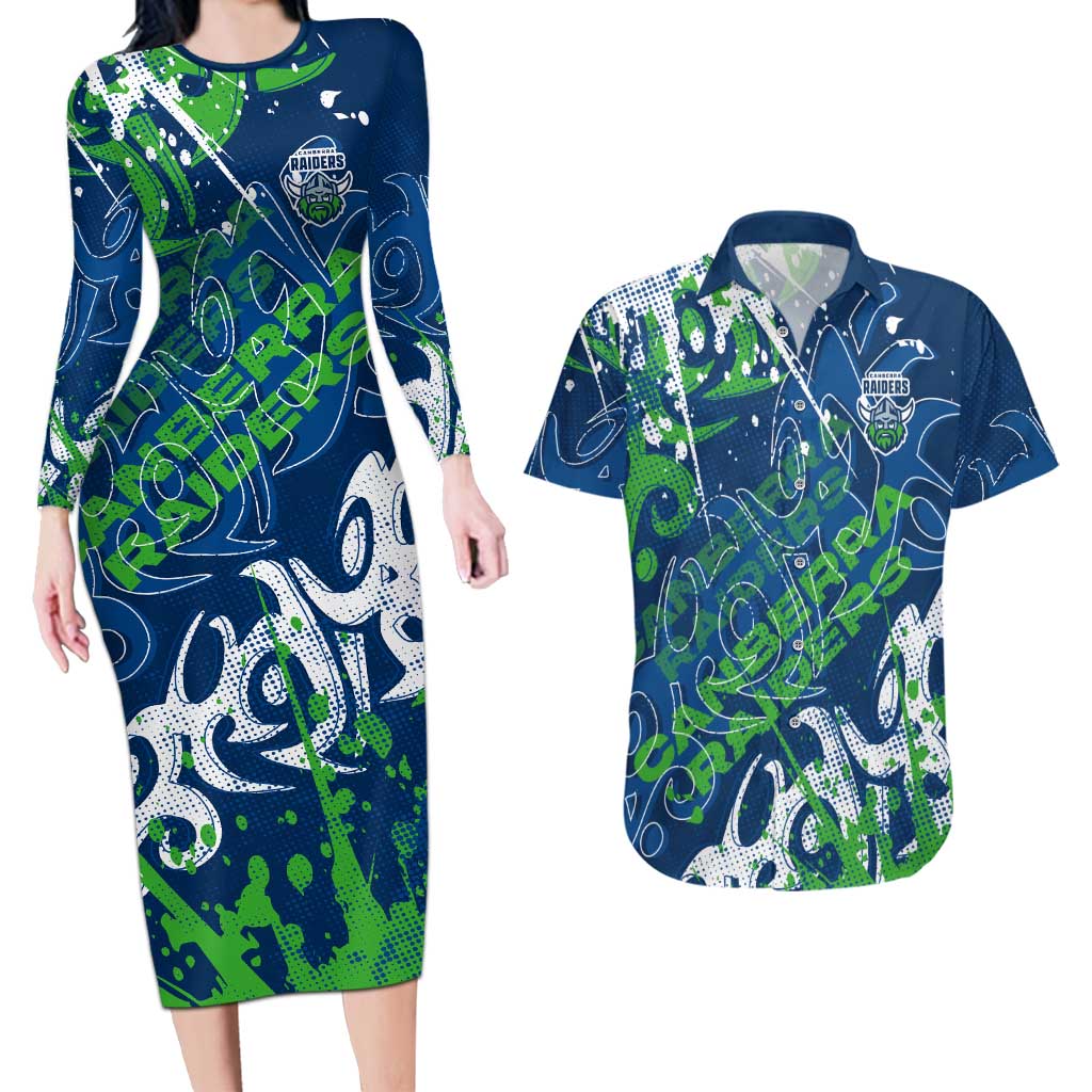 Personalized Canberra Raiders Rugby Couples Matching Long Sleeve Bodycon Dress and Hawaiian Shirt Urban Street Graffiti Style - Distressed Splatter Elements