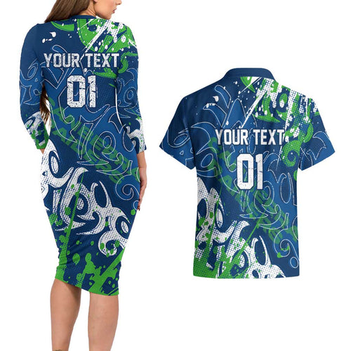 Personalized Canberra Raiders Rugby Couples Matching Long Sleeve Bodycon Dress and Hawaiian Shirt Urban Street Graffiti Style - Distressed Splatter Elements