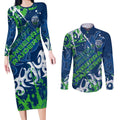 Personalized Canberra Raiders Rugby Couples Matching Long Sleeve Bodycon Dress and Long Sleeve Button Shirt Urban Street Graffiti Style - Distressed Splatter Elements