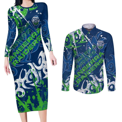 Personalized Canberra Raiders Rugby Couples Matching Long Sleeve Bodycon Dress and Long Sleeve Button Shirt Urban Street Graffiti Style - Distressed Splatter Elements