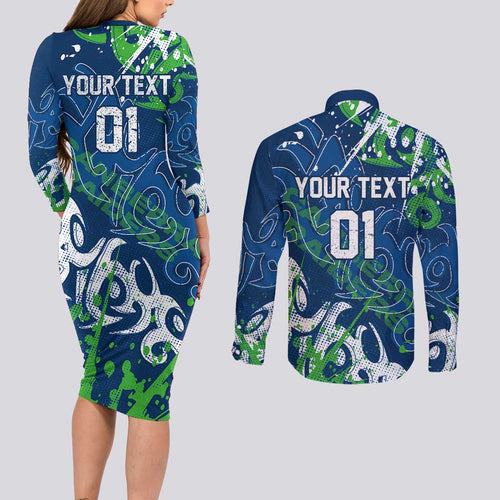 Personalized Canberra Raiders Rugby Couples Matching Long Sleeve Bodycon Dress and Long Sleeve Button Shirt Urban Street Graffiti Style - Distressed Splatter Elements