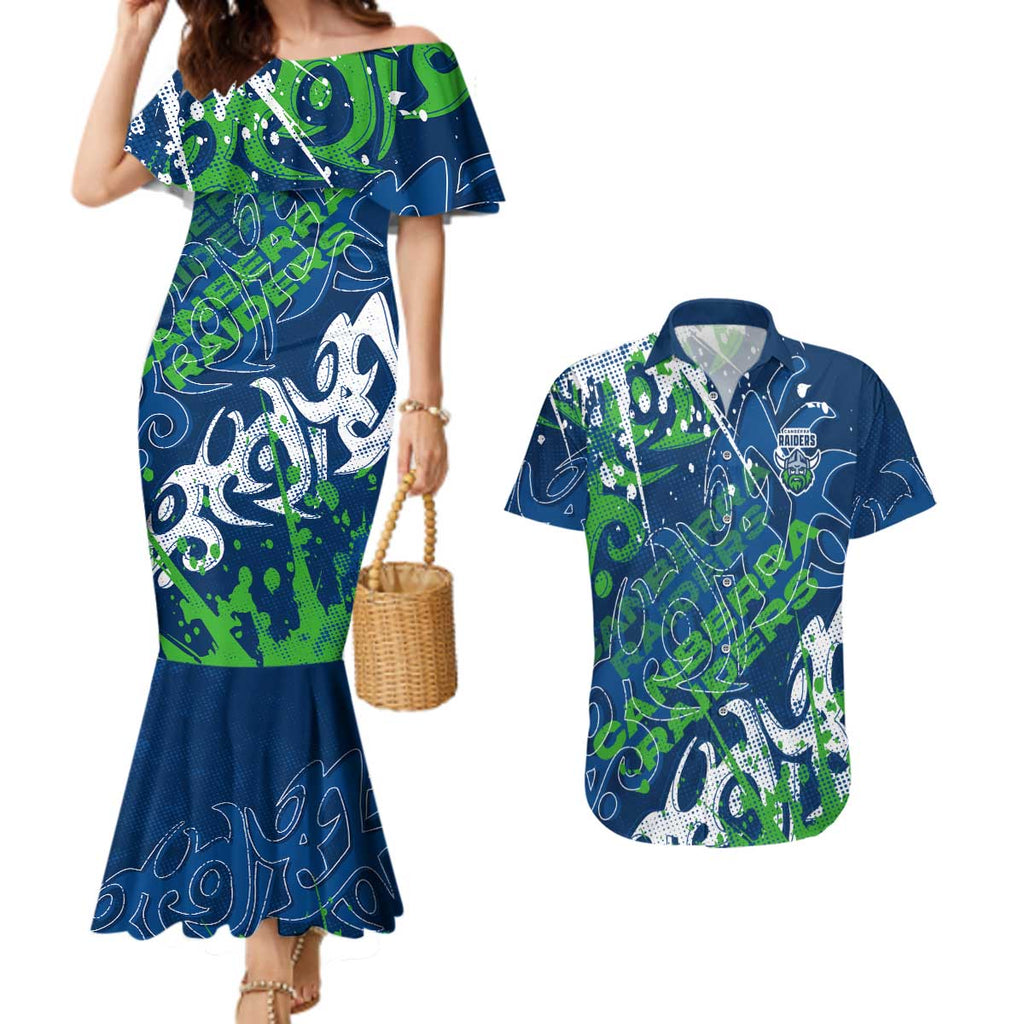 Personalized Canberra Raiders Rugby Couples Matching Mermaid Dress and Hawaiian Shirt Urban Street Graffiti Style - Distressed Splatter Elements