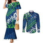 Personalized Canberra Raiders Rugby Couples Matching Mermaid Dress and Long Sleeve Button Shirt Urban Street Graffiti Style - Distressed Splatter Elements