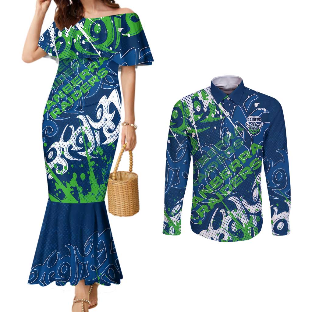 Personalized Canberra Raiders Rugby Couples Matching Mermaid Dress and Long Sleeve Button Shirt Urban Street Graffiti Style - Distressed Splatter Elements