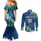 Personalized Canberra Raiders Rugby Couples Matching Mermaid Dress and Long Sleeve Button Shirt Urban Street Graffiti Style - Distressed Splatter Elements
