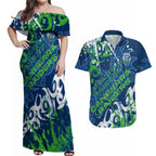 Personalized Canberra Raiders Rugby Couples Matching Off Shoulder Maxi Dress and Hawaiian Shirt Urban Street Graffiti Style - Distressed Splatter Elements