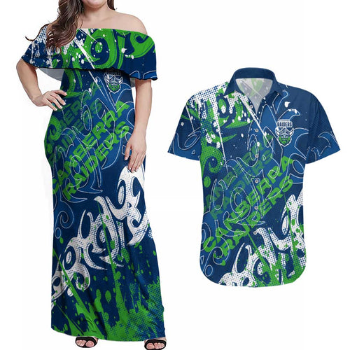 Personalized Canberra Raiders Rugby Couples Matching Off Shoulder Maxi Dress and Hawaiian Shirt Urban Street Graffiti Style - Distressed Splatter Elements
